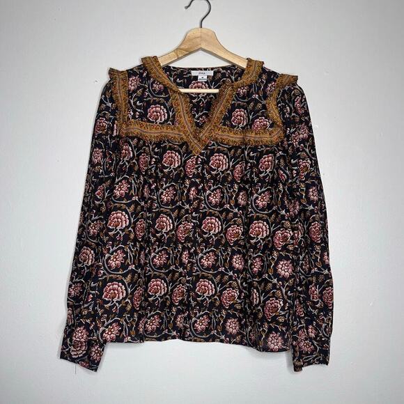 Anthropologie Othilia Sera Ruffled Blouse Black Floral Boho Fall Top Medium - Picture 2 of 8